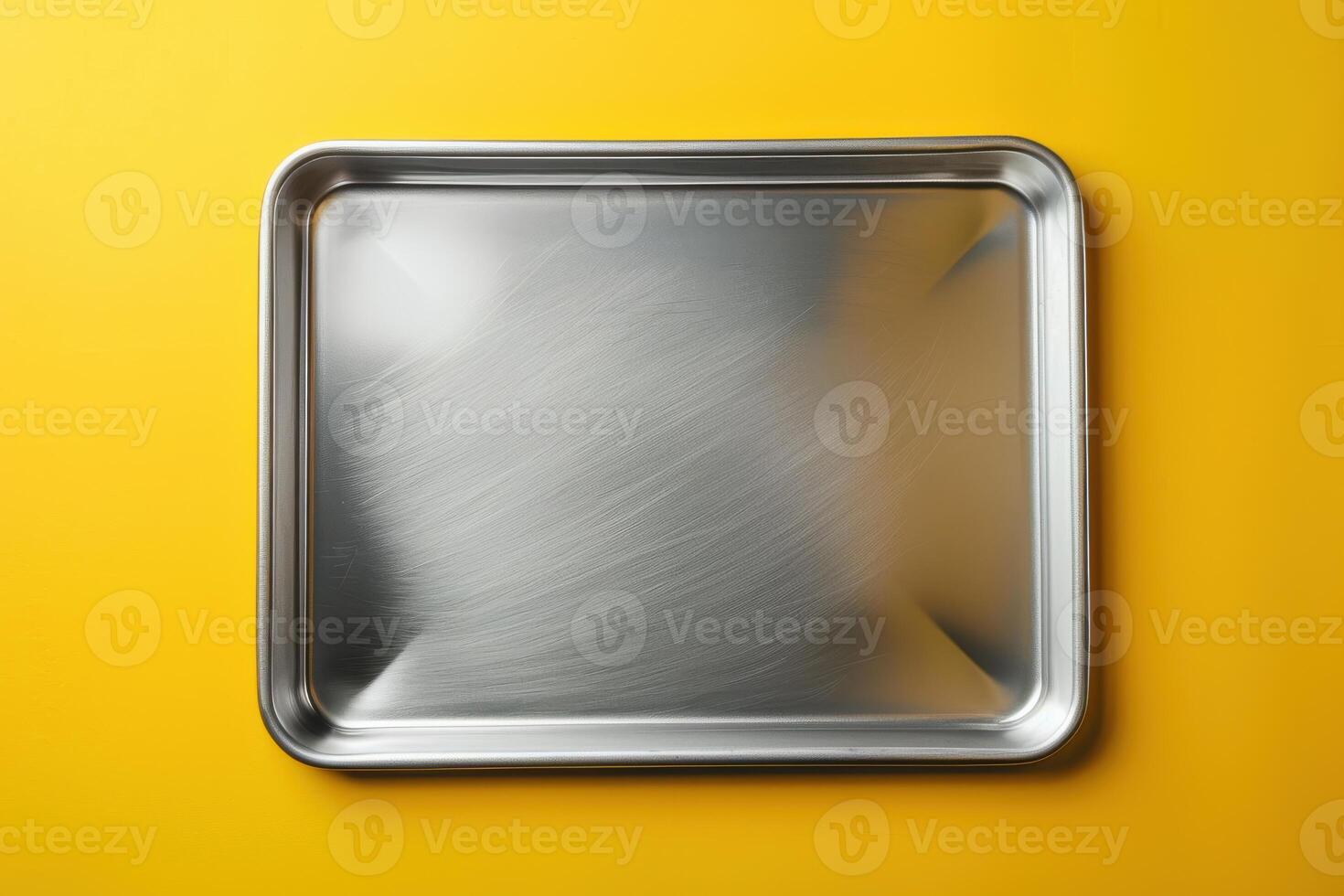 Shiny metal baking tray on a vibrant yellow background, evoking a sense of creativity in the kitchen photo