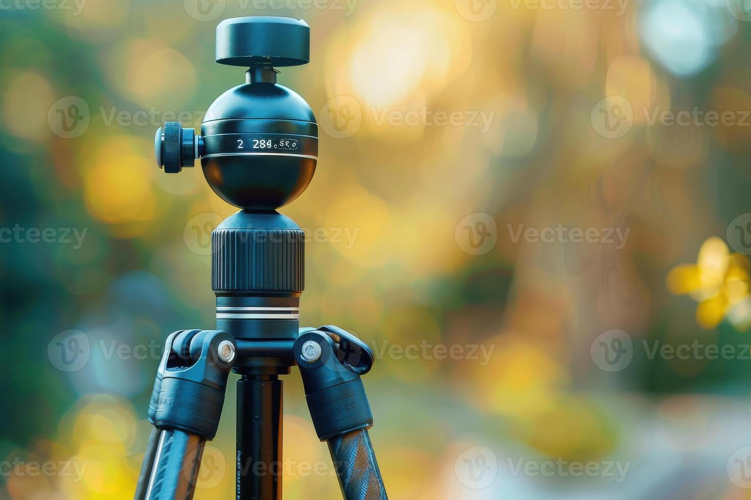 A close-up view of a camera tripod head glistening in warm sunlight during a tranquil outdoor photo shoot