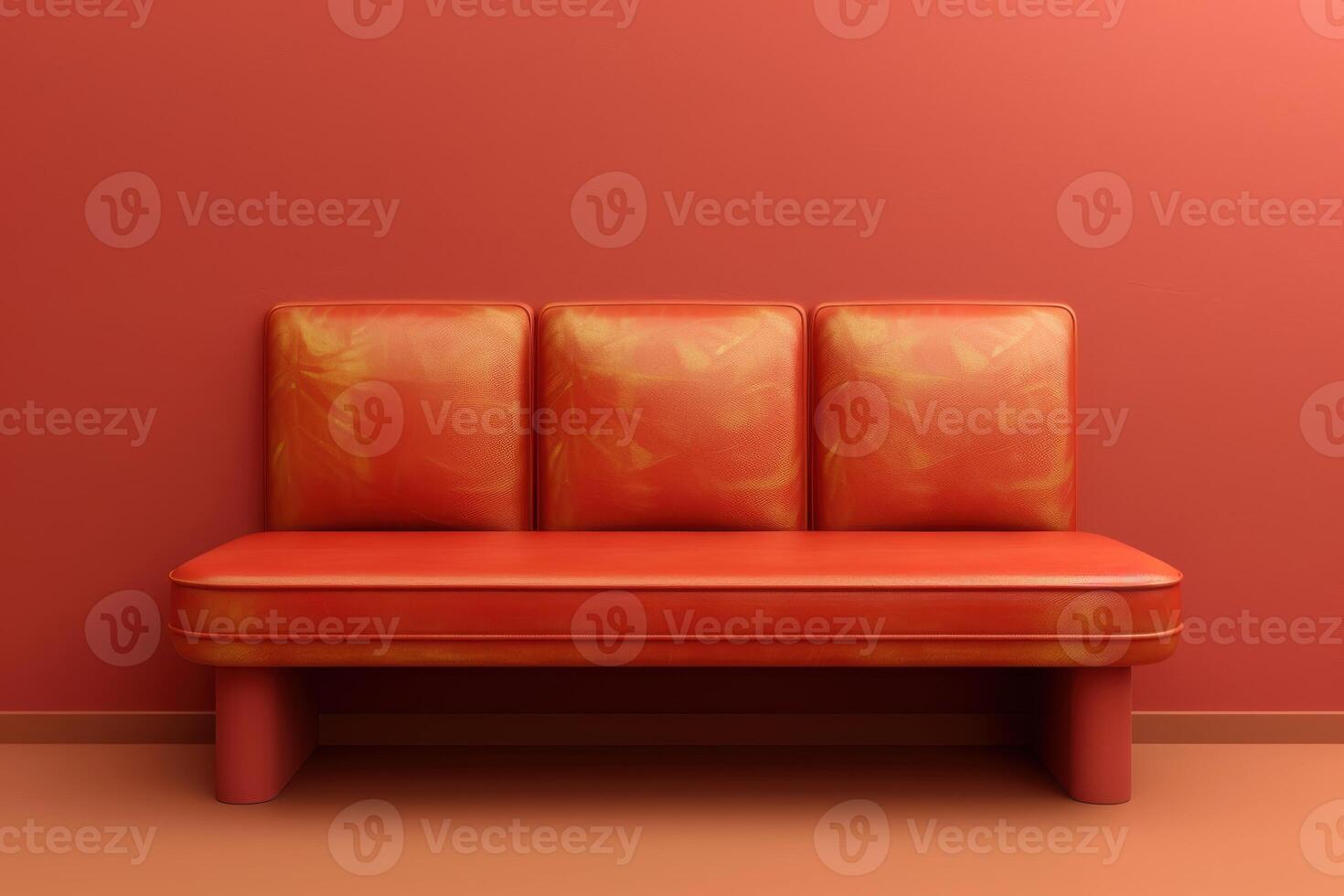 A vibrant red lounge sofa against a matching wall in a minimalist interior design setting photo