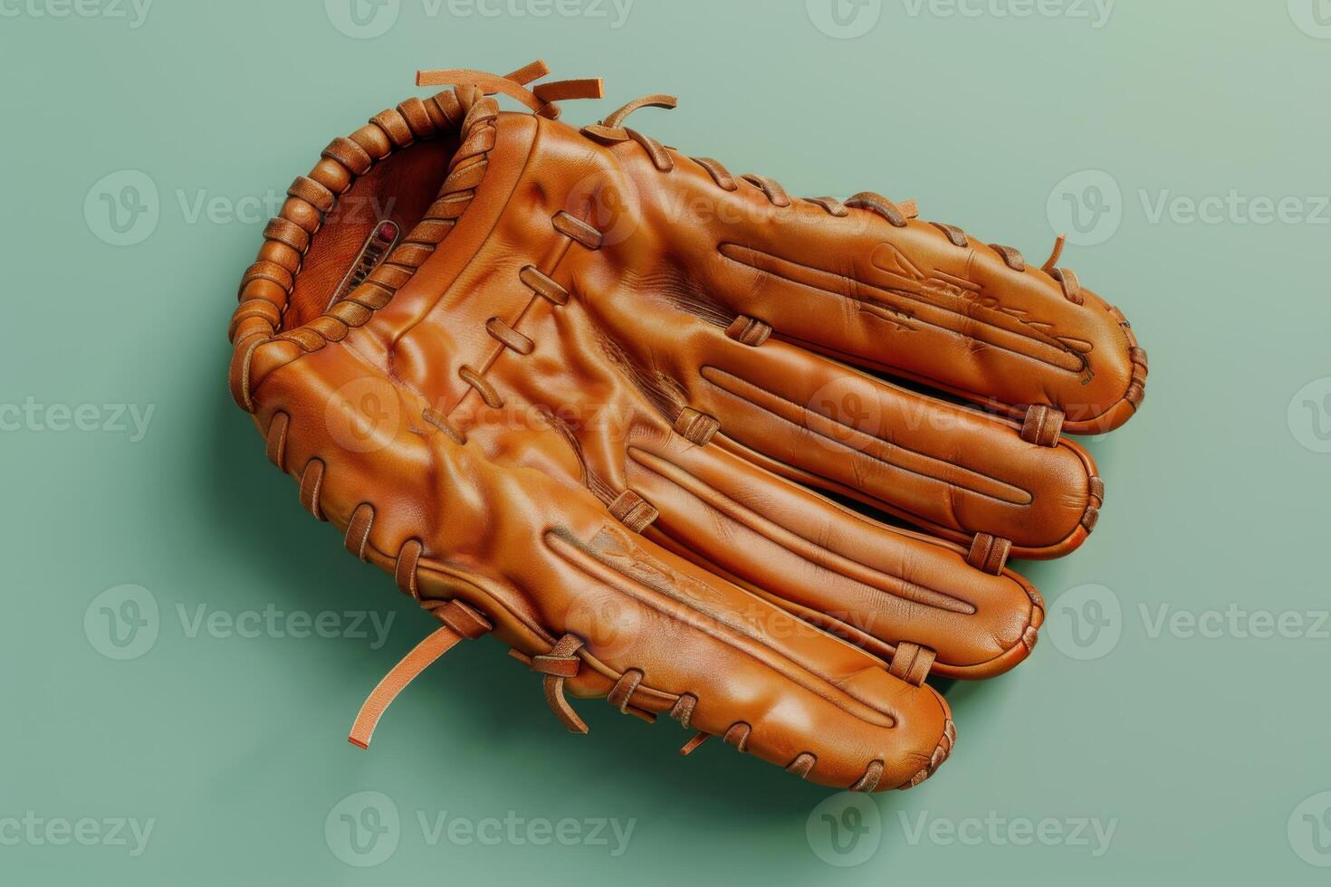 A well-loved baseball glove resting on a soft mint green background, showcasing its texture and craftsmanship in the afternoon light photo