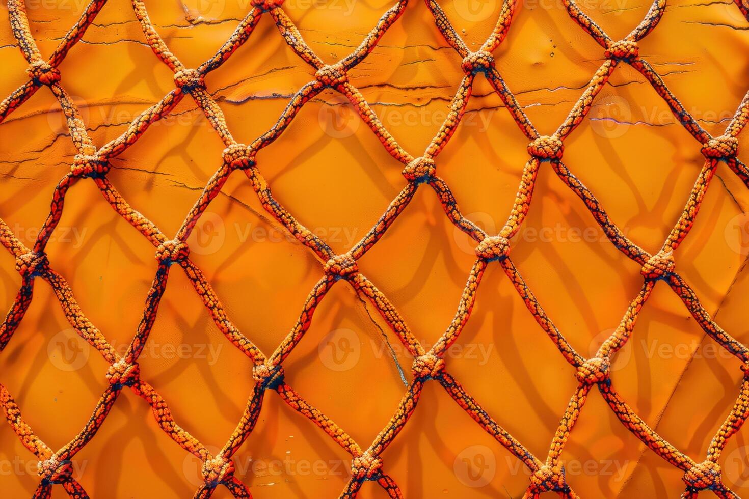Textured orange netting against a weathered wall in bright sunlight, showcasing intricate patterns and vibrant colors photo