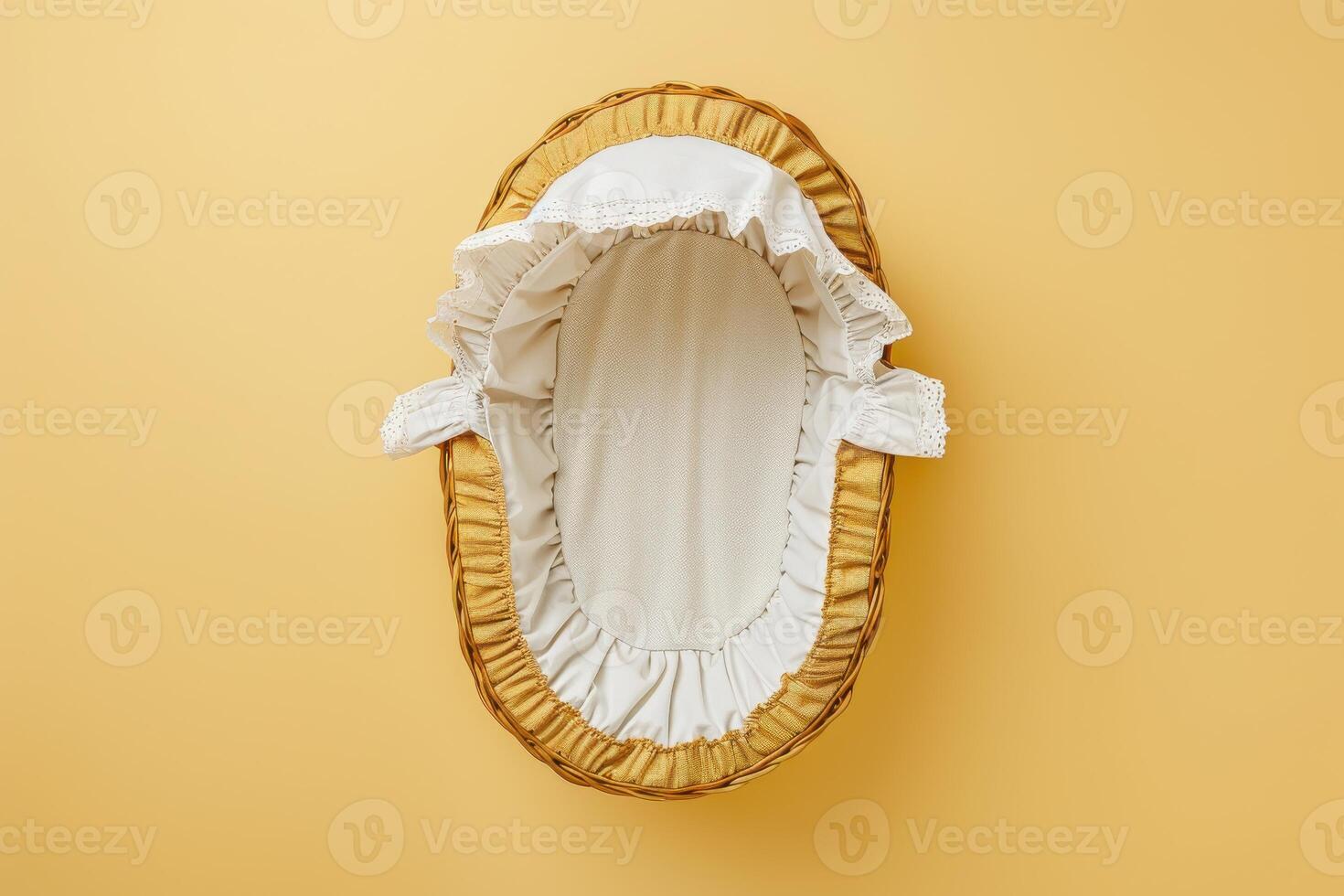 A cozy newborn bassinet resting on a vibrant yellow backdrop, ready for a peaceful slumber in a cheerful nursery photo