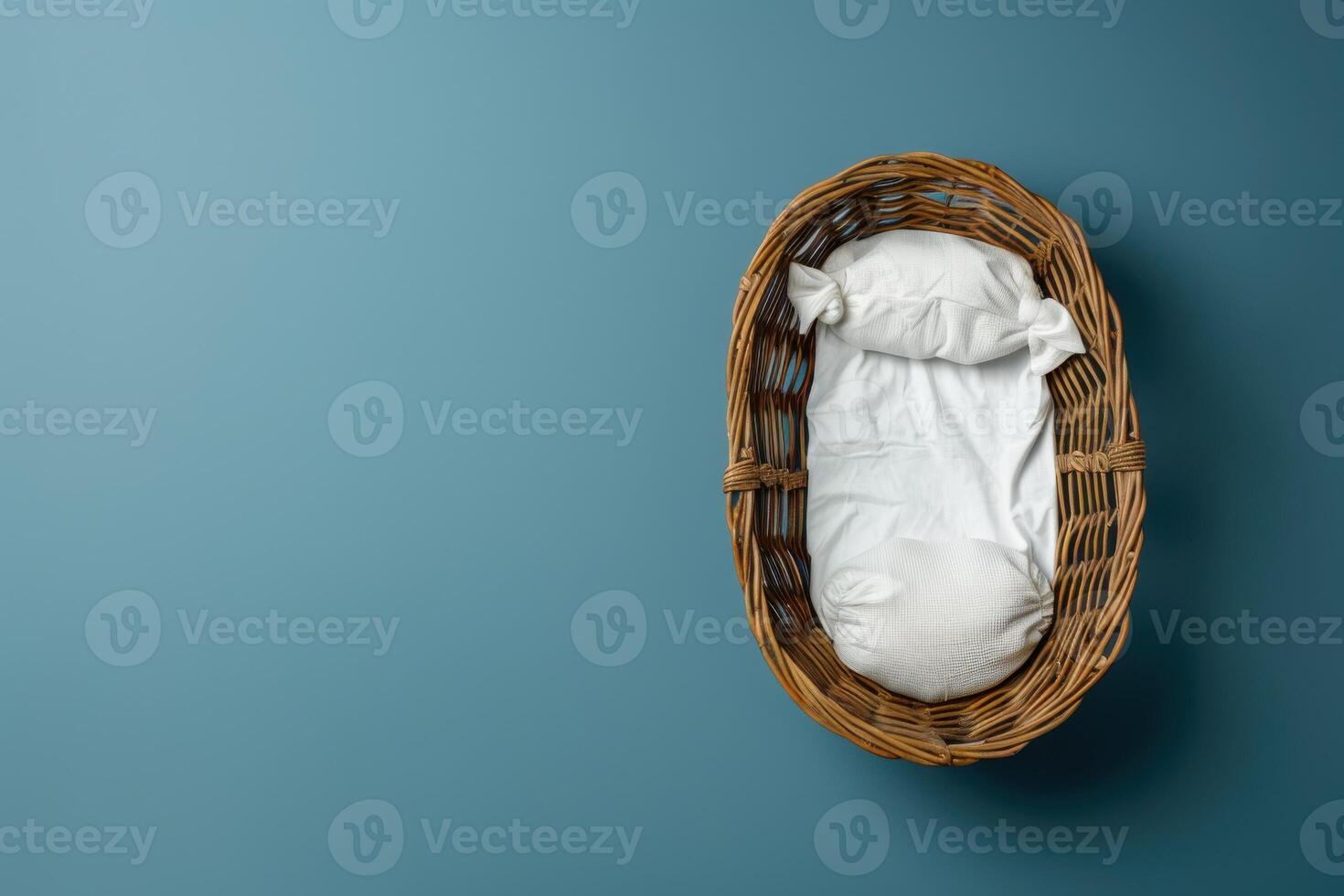 A serene newborn resting peacefully in a cozy wicker basket against a calming blue backdrop photo