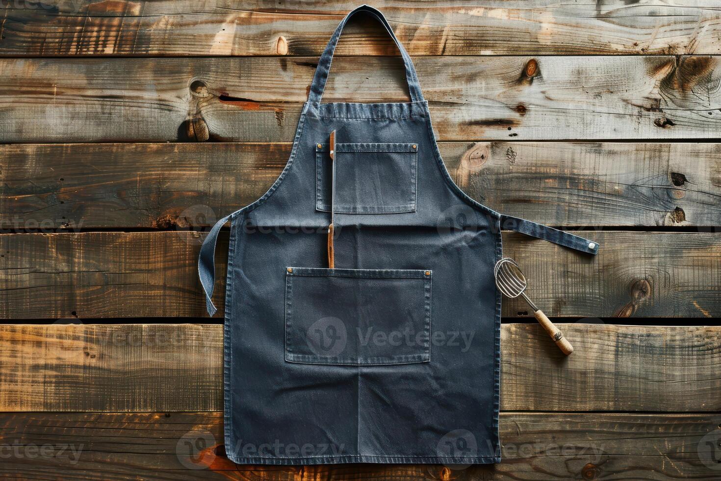 An elegant kitchen apron hangs on a rustic wooden table with a whisk and wooden spoon, inviting culinary creativity in a cozy kitchen setting photo