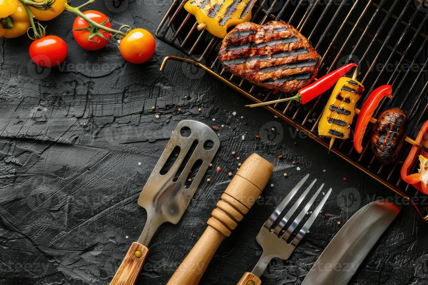 Grilled delights featuring skewers and juicy meats on a charcoal barbecue with fresh vegetables photo