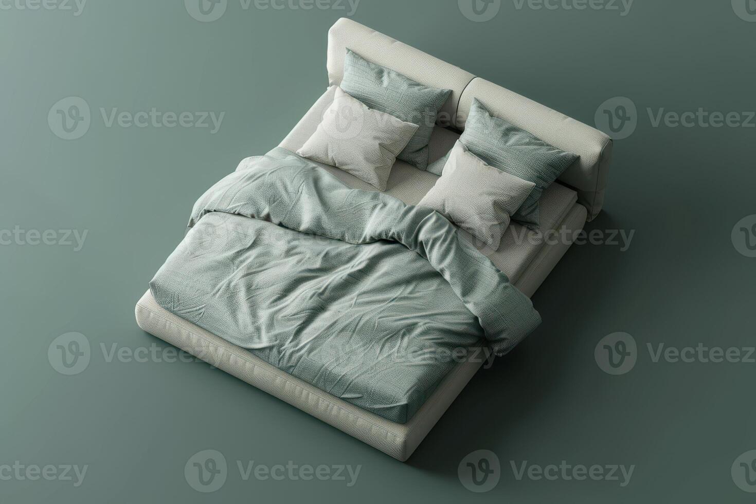 Serene minimalist bedroom with soft green bedding and plush pillows creating a tranquil atmosphere photo