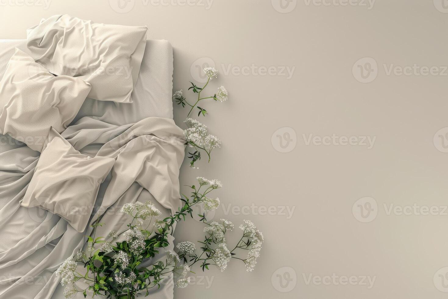 Soft bedding adorned with delicate flowers arranged artistically in a serene bedroom setting during daylight photo