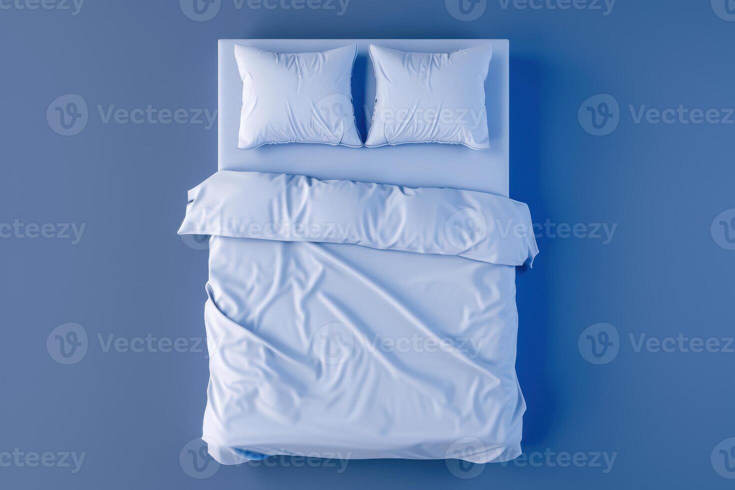 Soft blue bedding arranged neatly on a minimalist bed against a calming blue backdrop, creating a serene and inviting atmosphere photo