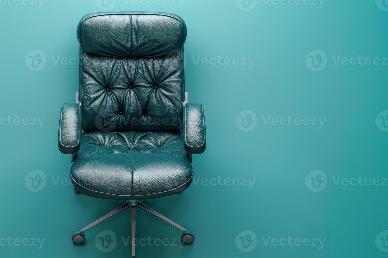 A stylish leather office chair against a vibrant teal backdrop, inviting comfort and creativity in an inspiring workspace photo