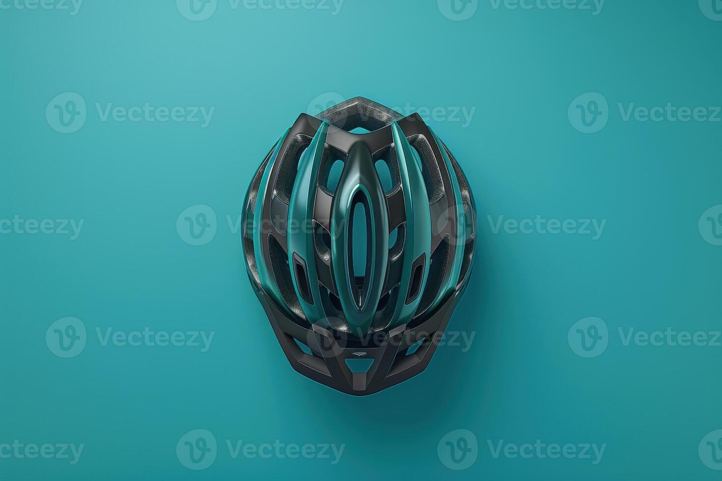 A sleek cycling helmet resting on a vibrant teal background, showcasing modern design and safety features photo