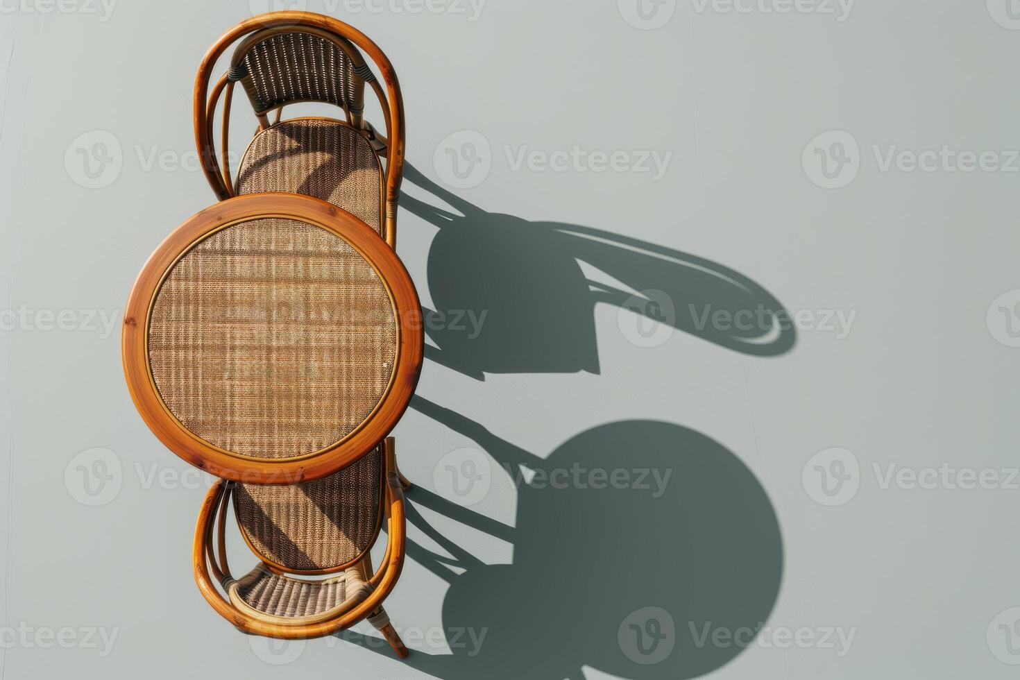 A rustic wooden table with woven chairs casting gentle shadows in warm afternoon light photo