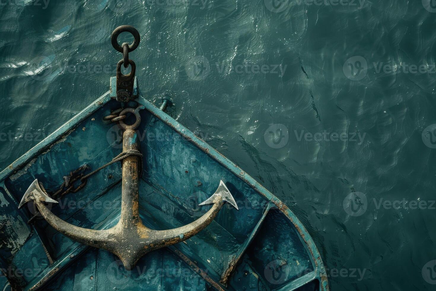 An ancient anchor rests on a weathered boat, partially submerged in tranquil turquoise waters under soft daylight photo