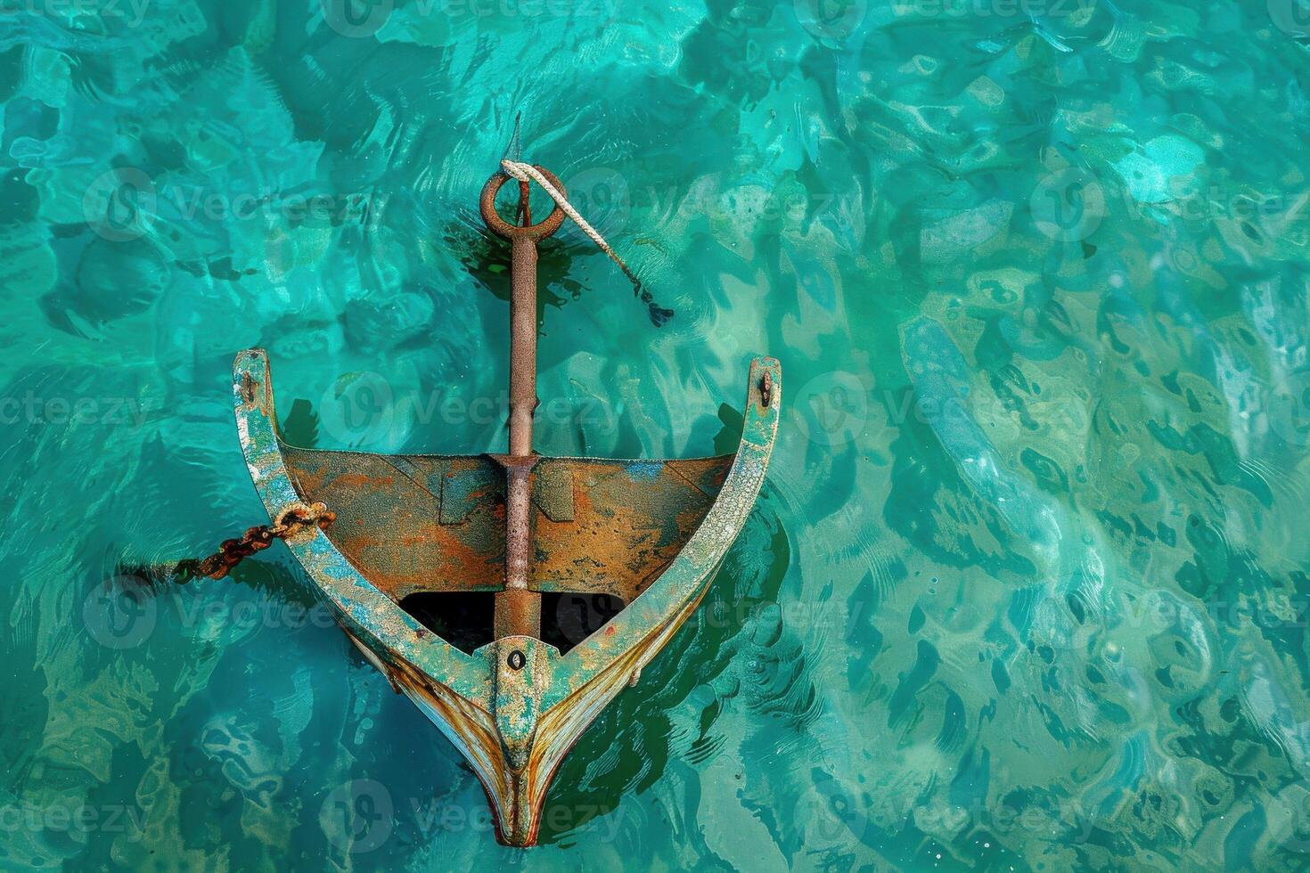 An anchor rests in serene turquoise waters at midday, evoking a sense of tranquility and connection with the sea photo