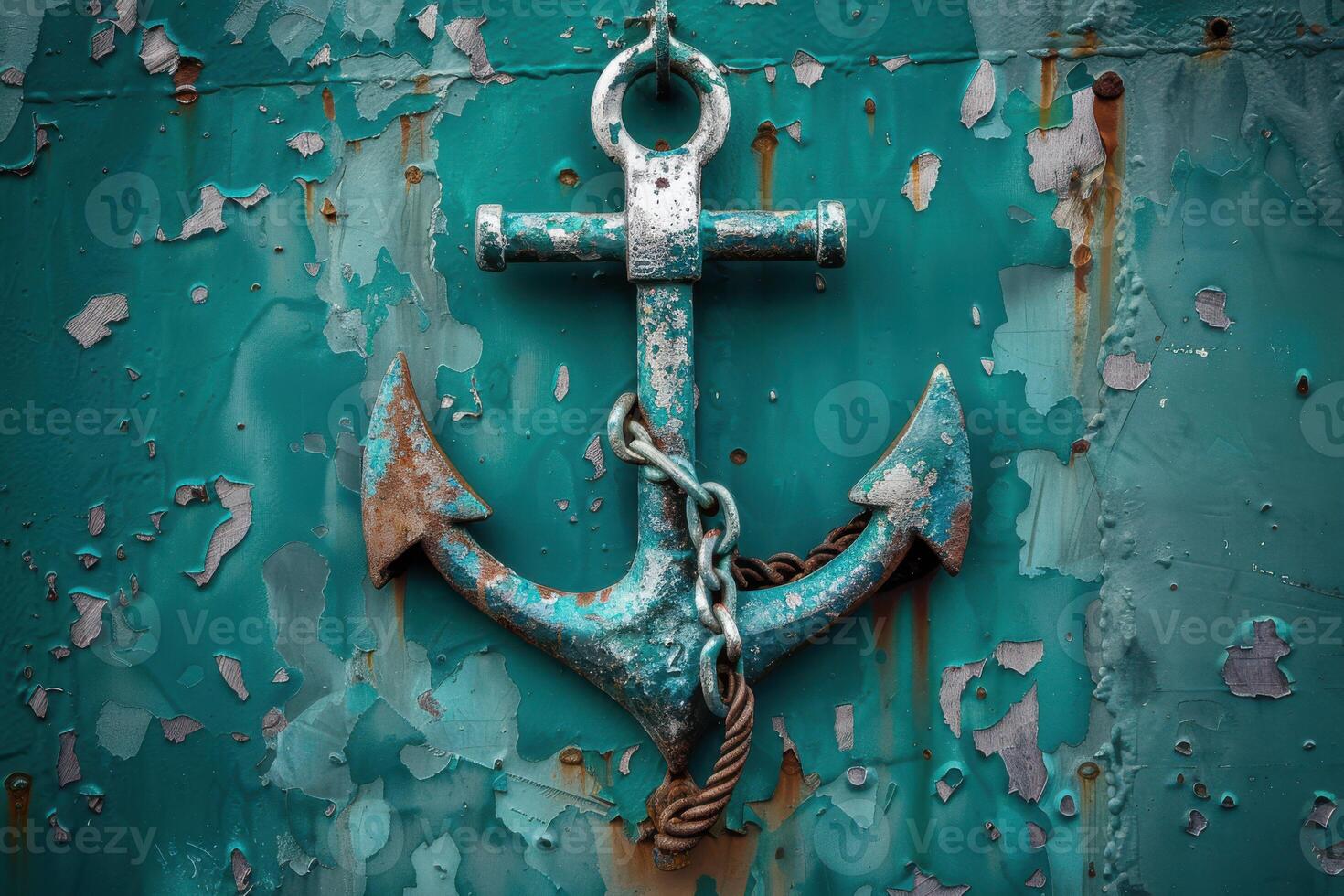 An aged anchor hangs from a rusty turquoise wall, reflecting maritime history and the passage of time photo