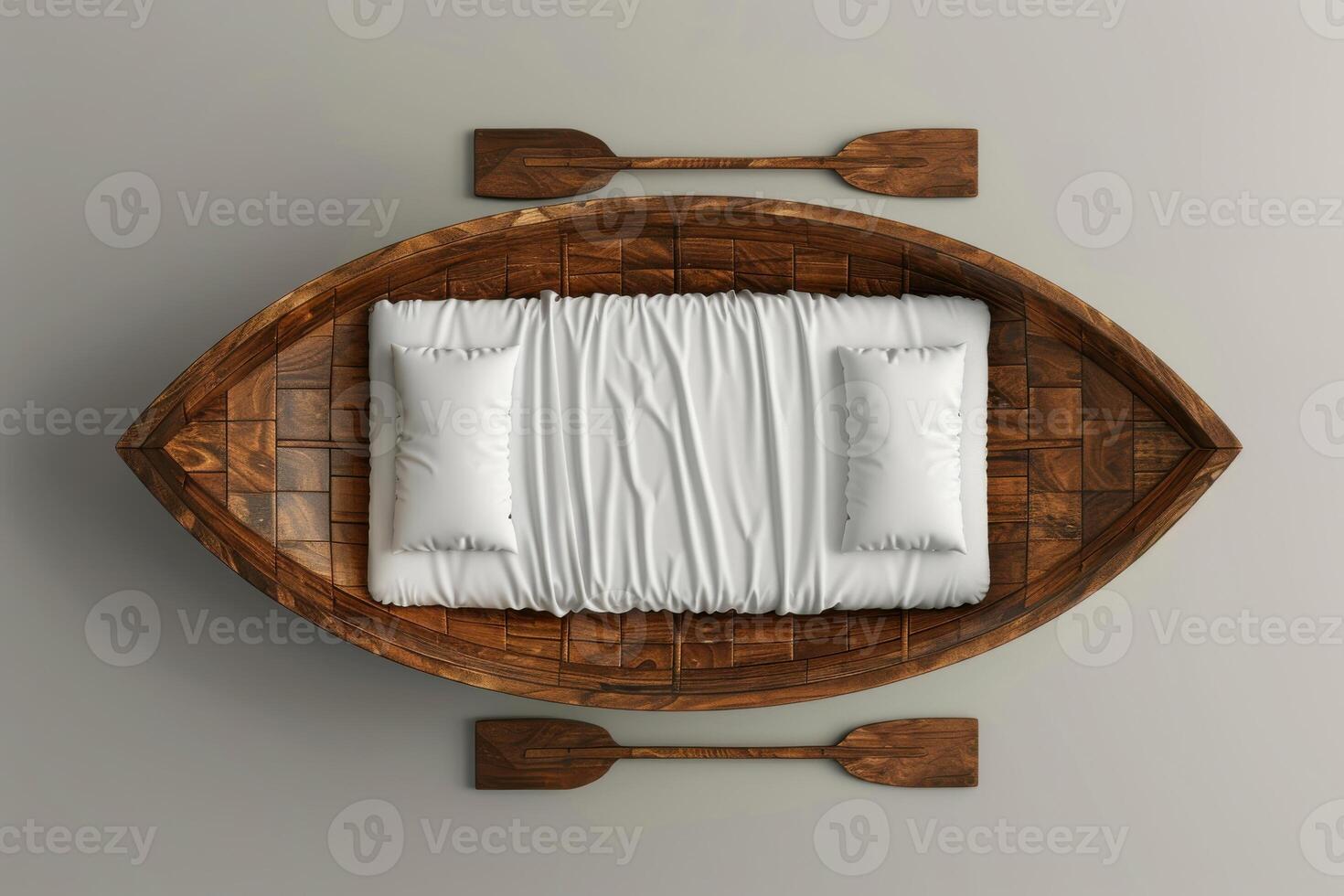 A serene wooden boat bed with white bedding, set against a minimalist wall, creating a cozy and artistic sleeping space photo