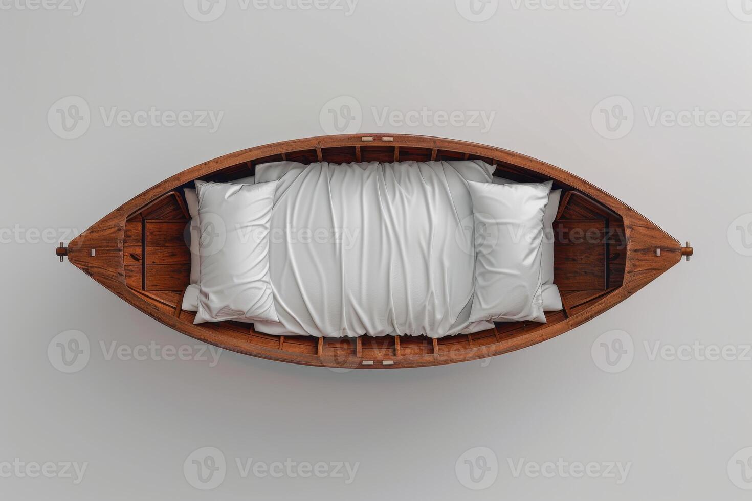 A cozy bed nestled in a wooden boat resting on a minimalist surface photo