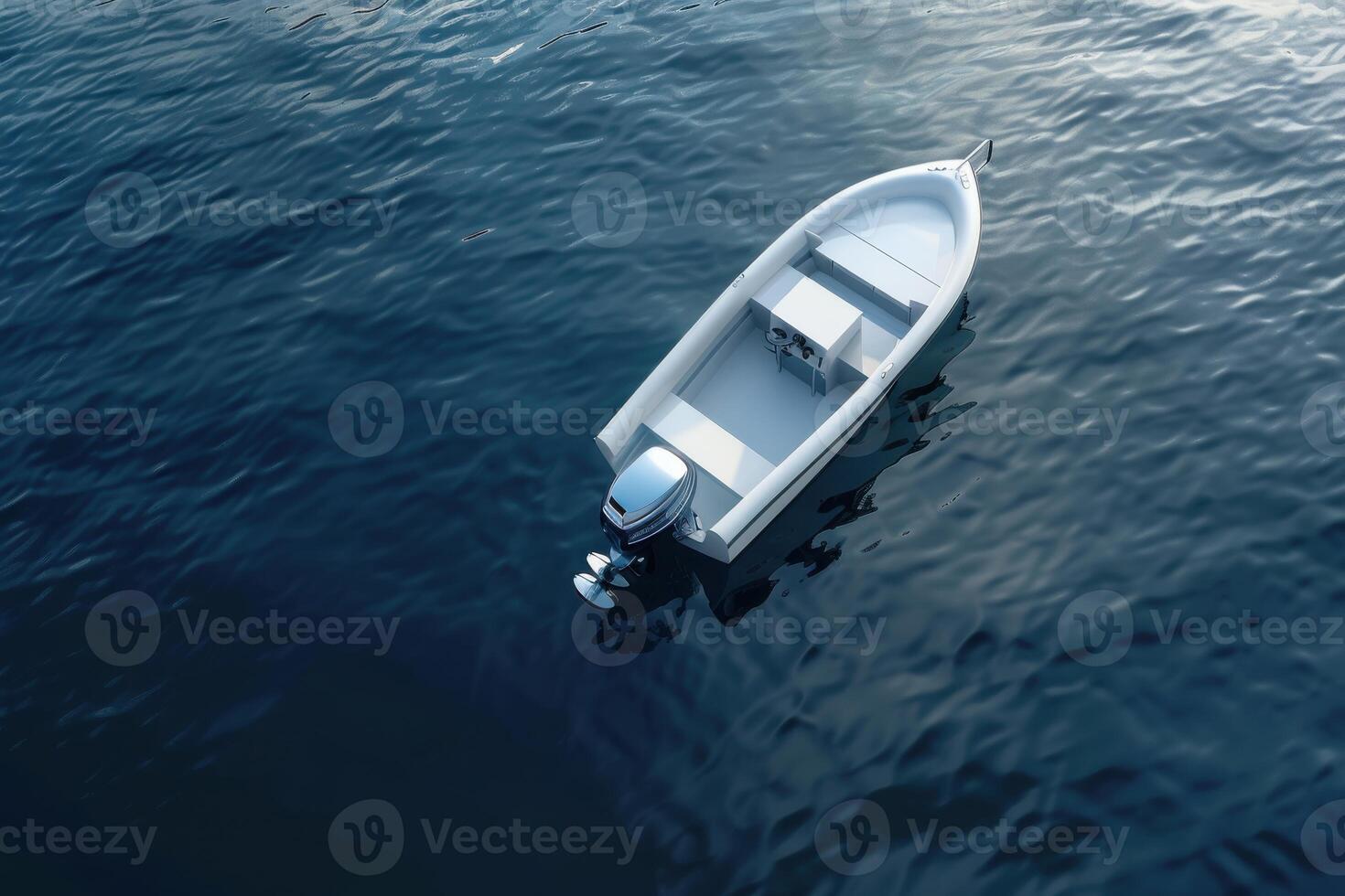 A serene white motorboat gliding across the tranquil waters during a peaceful midday, surrounded by shimmering reflections photo