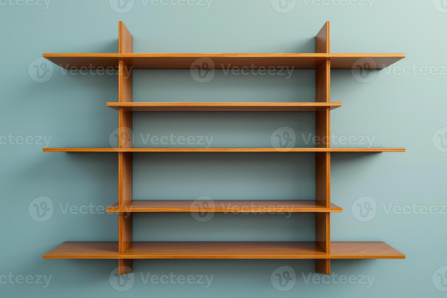Modern wooden shelving unit with a minimalist design mounted on a light blue wall for a stylish interior decor photo