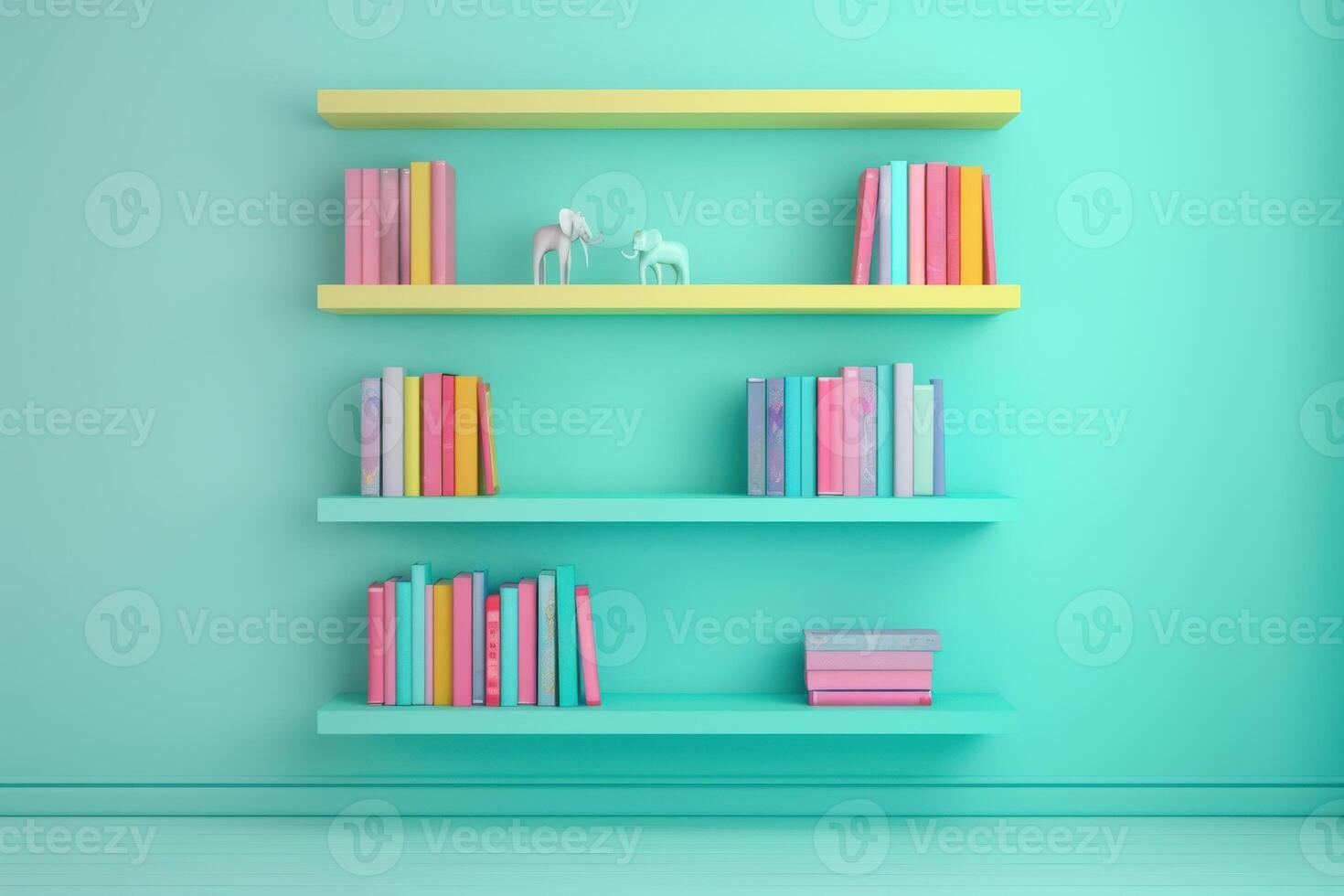 Vibrant bookshelf display with pastel colors and playful sculptures against a teal wall photo