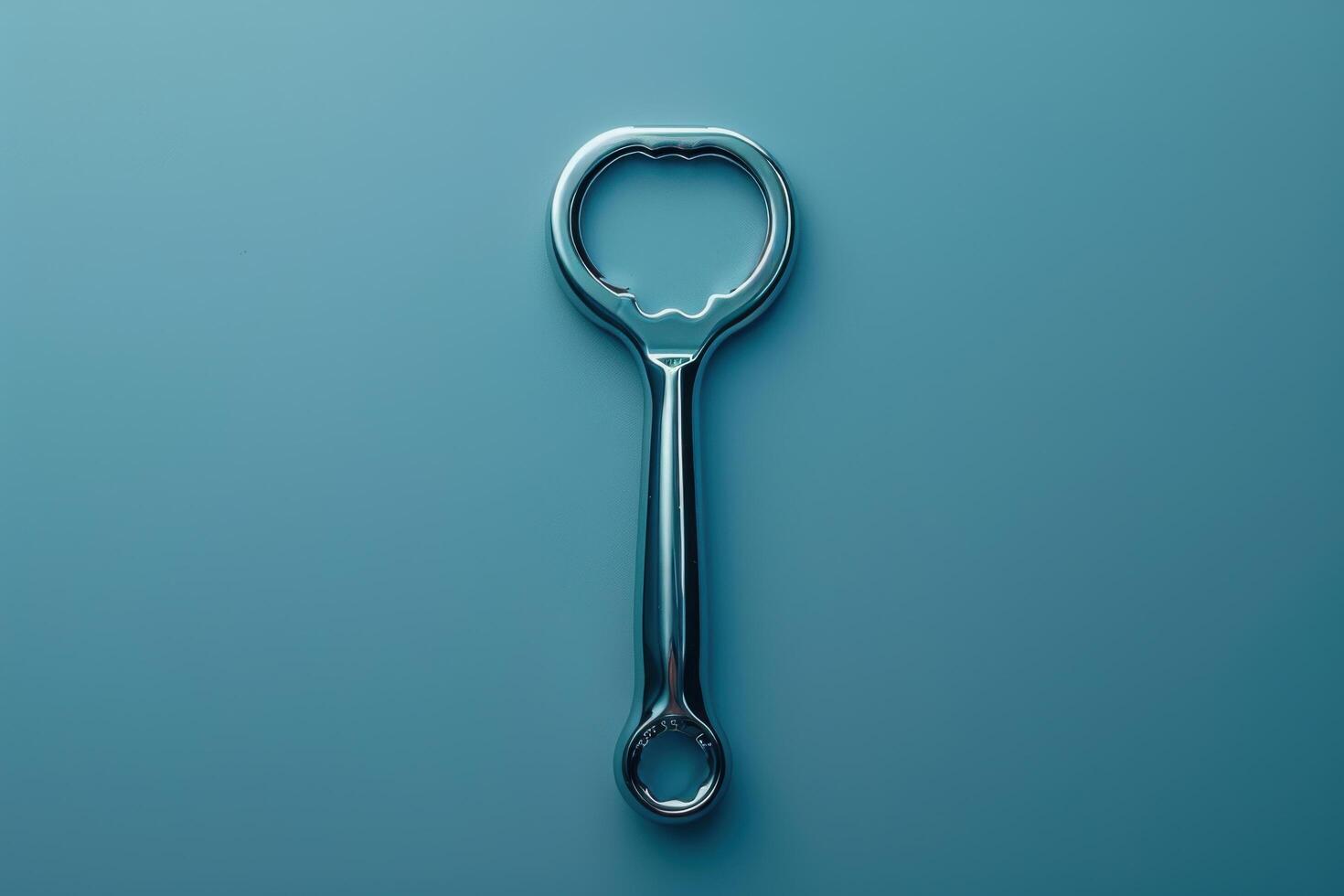 A shiny metal bottle opener resting against a smooth teal surface in soft lighting photo