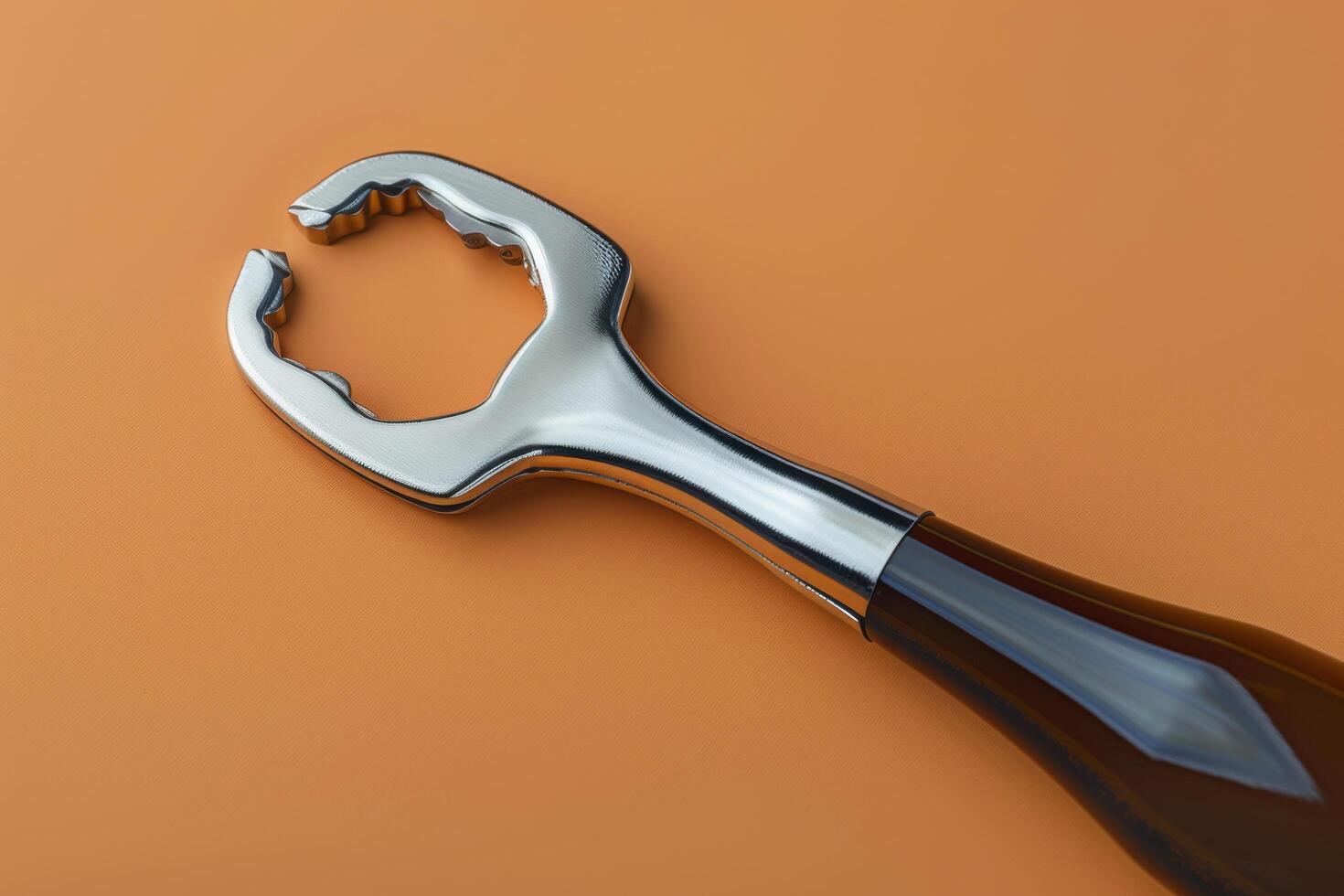 A shiny chrome wrench rests on a warm orange surface, showcasing its sleek design and intricate details photo