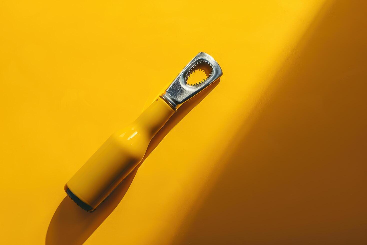 A vibrant yellow bottle opener resting against a sunny yellow backdrop, framed in a playful and artistic manner photo