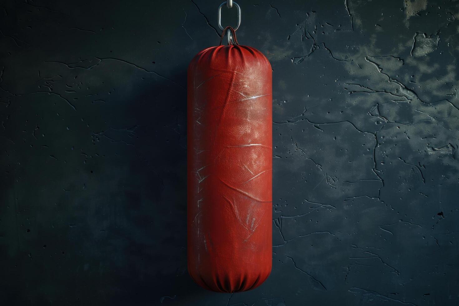 A lone red punching bag swings gently in a dimly lit gym, embodying the spirit of perseverance and athleticism photo