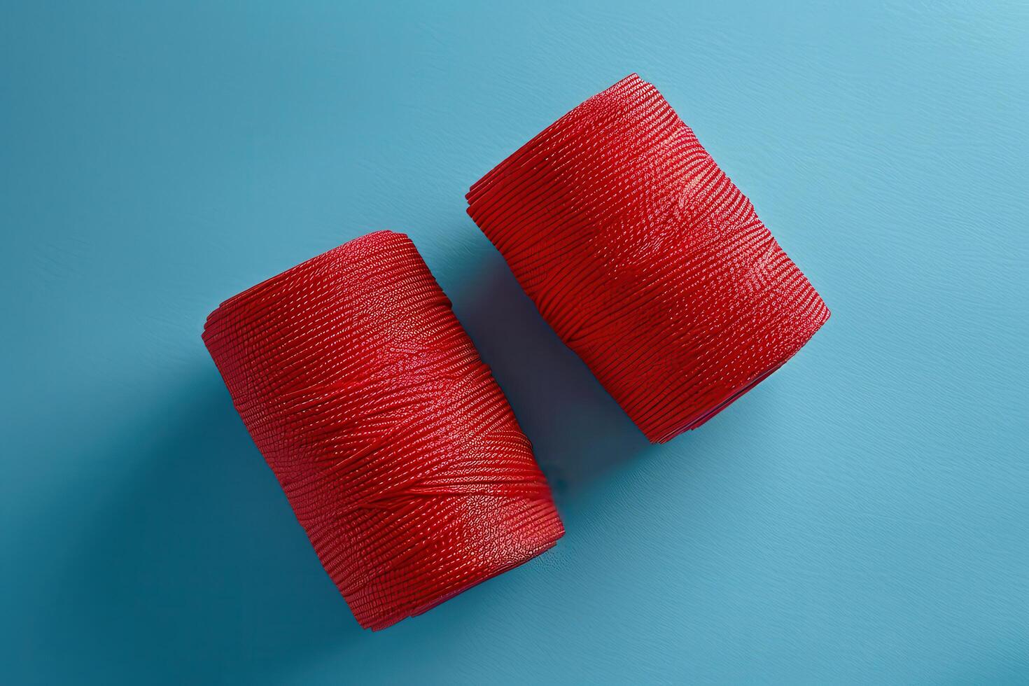 Vibrant red spools of thread resting on a soft blue surface, ready for creative crafting photo