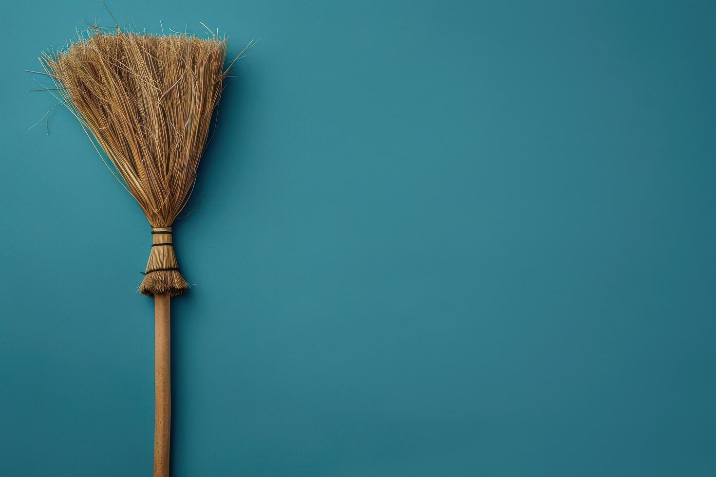 A rustic broom resting against a teal wall, evoking a sense of simplicity and charm in a cozy space photo