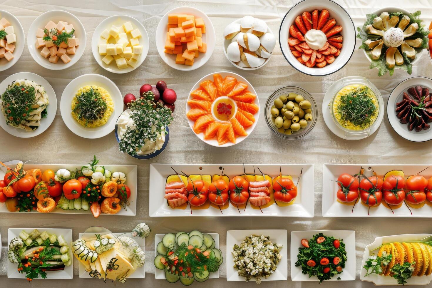 A vibrant spread of fresh fruits and gourmet dishes on a lavish banquet table in bright daylight photo