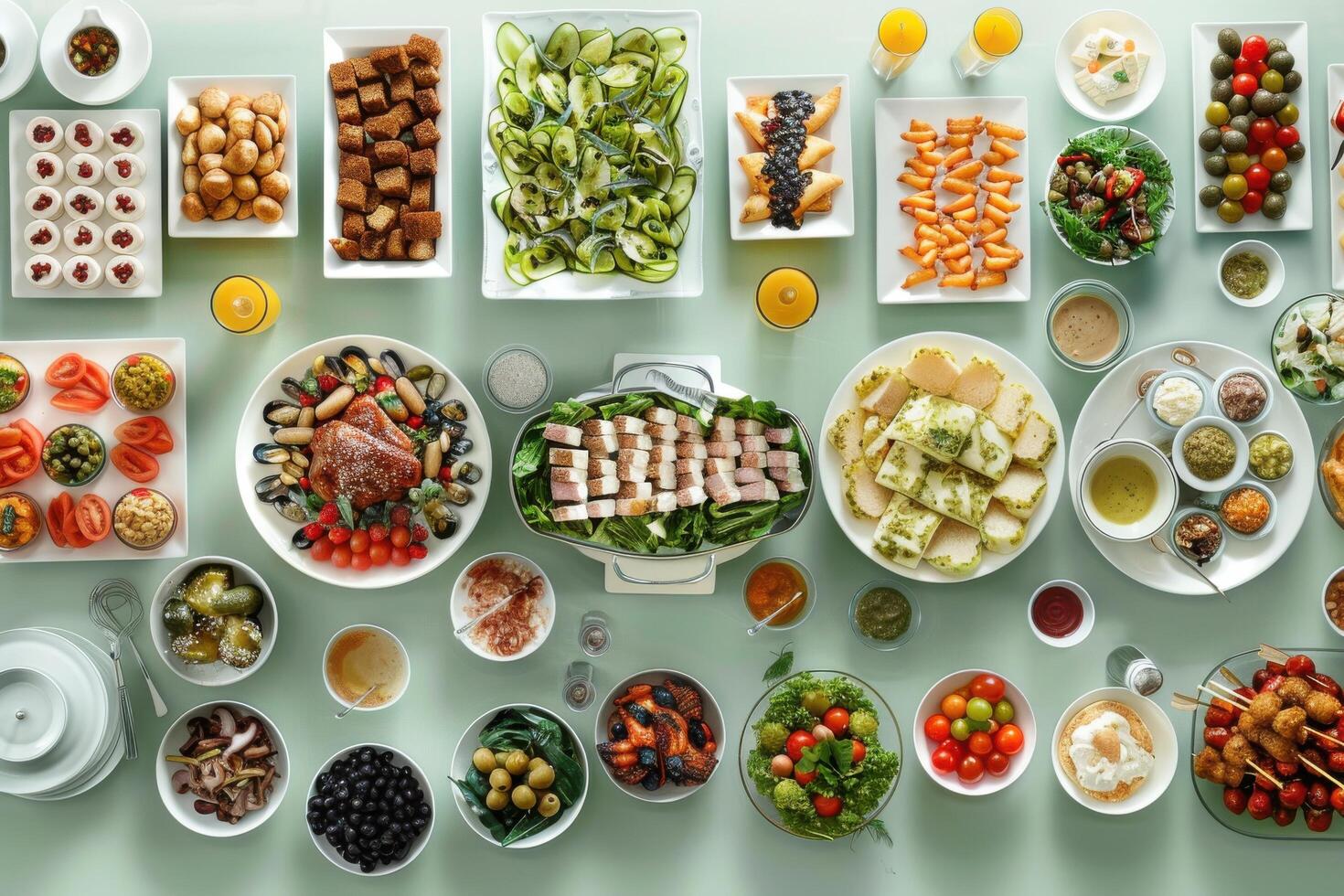 A vibrant spread of diverse dishes on a table featuring fresh vegetables, fruits, and desserts, perfect for a festive gathering in a cozy dining setting photo