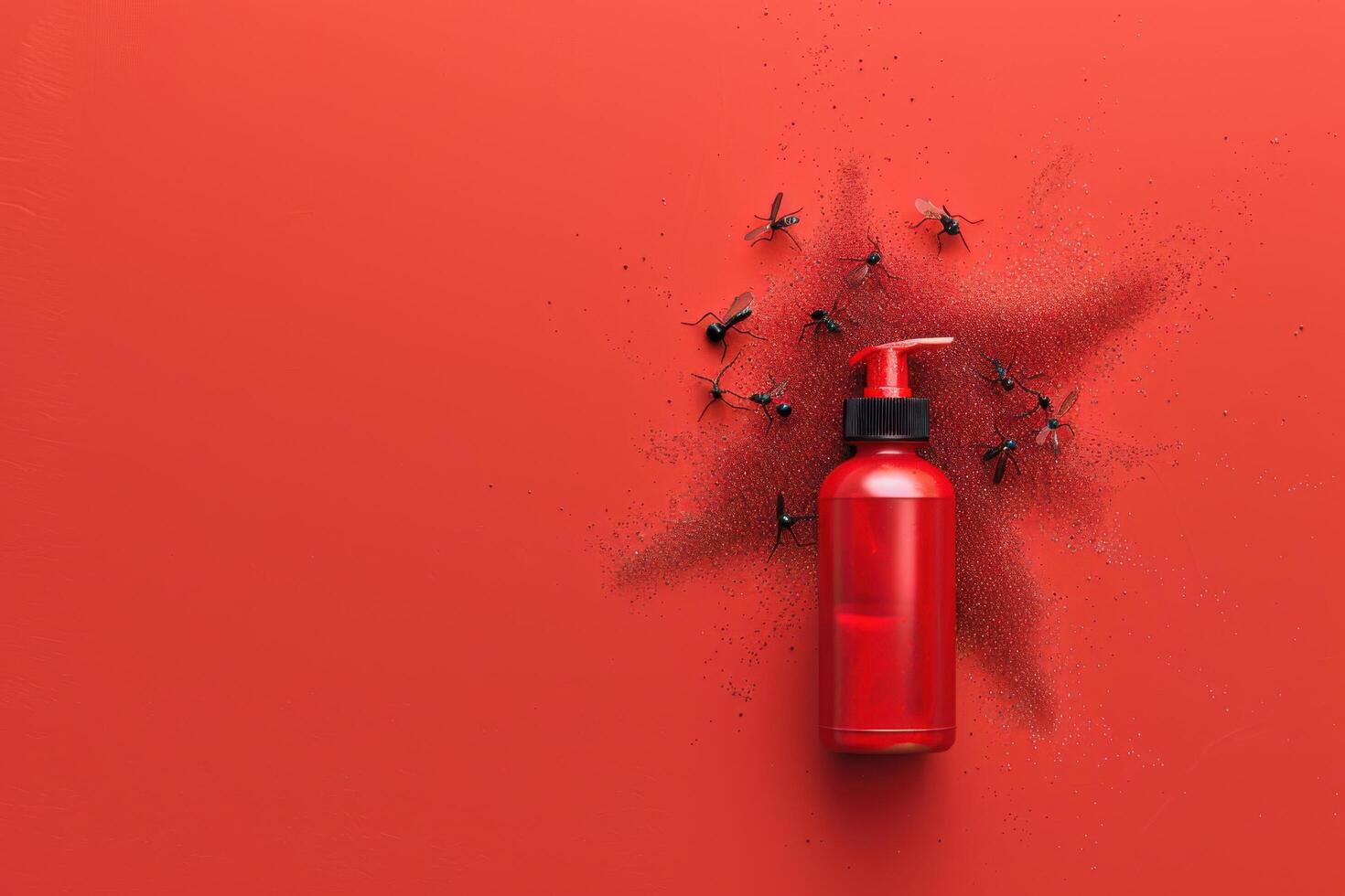 A striking red bottle amidst a flurry of ants on a vivid red backdrop, conveying an unconventional battle between nature and everyday life photo