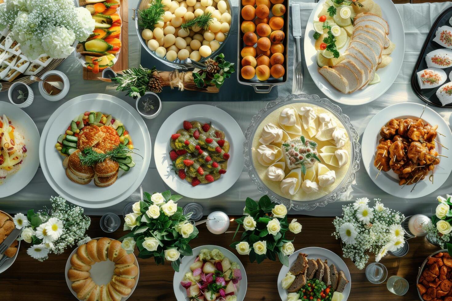 A vibrant buffet spread showcasing colorful dishes, desserts, and fresh flowers at a lively gathering during a sunny afternoon photo