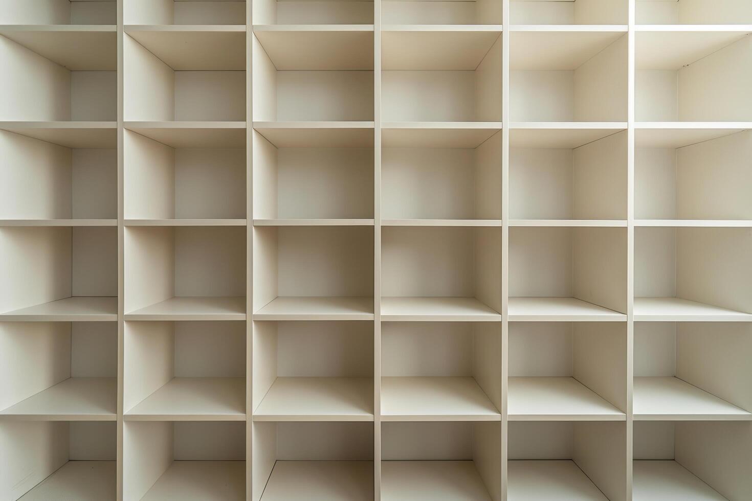 Empty wooden shelving unit ready for creative organization in a bright workspace photo