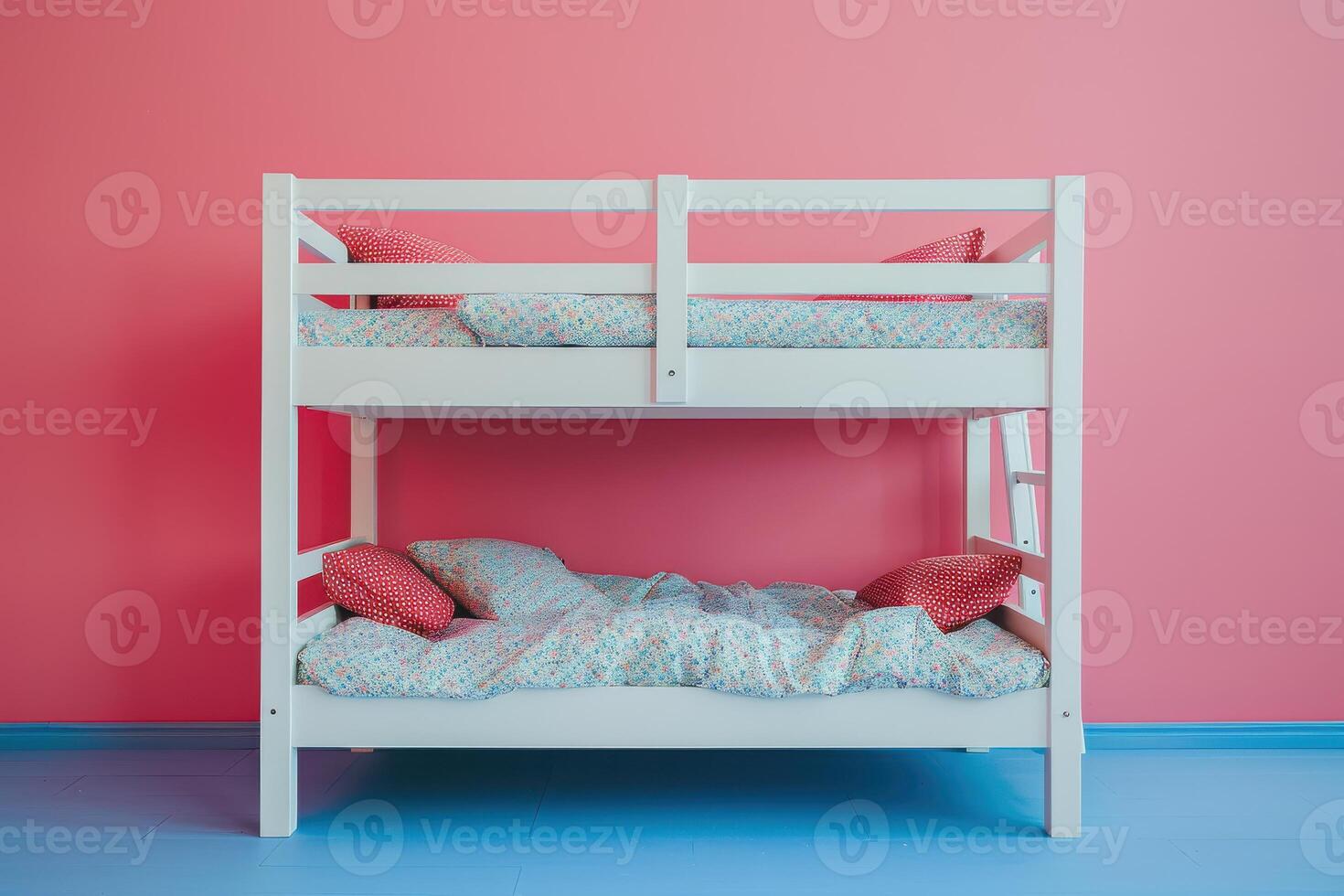 Cozy bunk beds nestled against a vibrant pink wall in a playful child's room during daylight photo