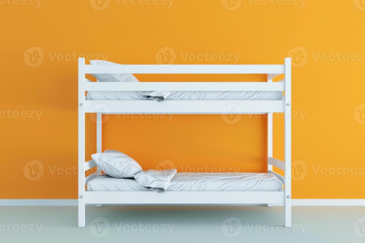 Bright and cheerful bunk bed in a cozy room with an orange accent wall during the day photo