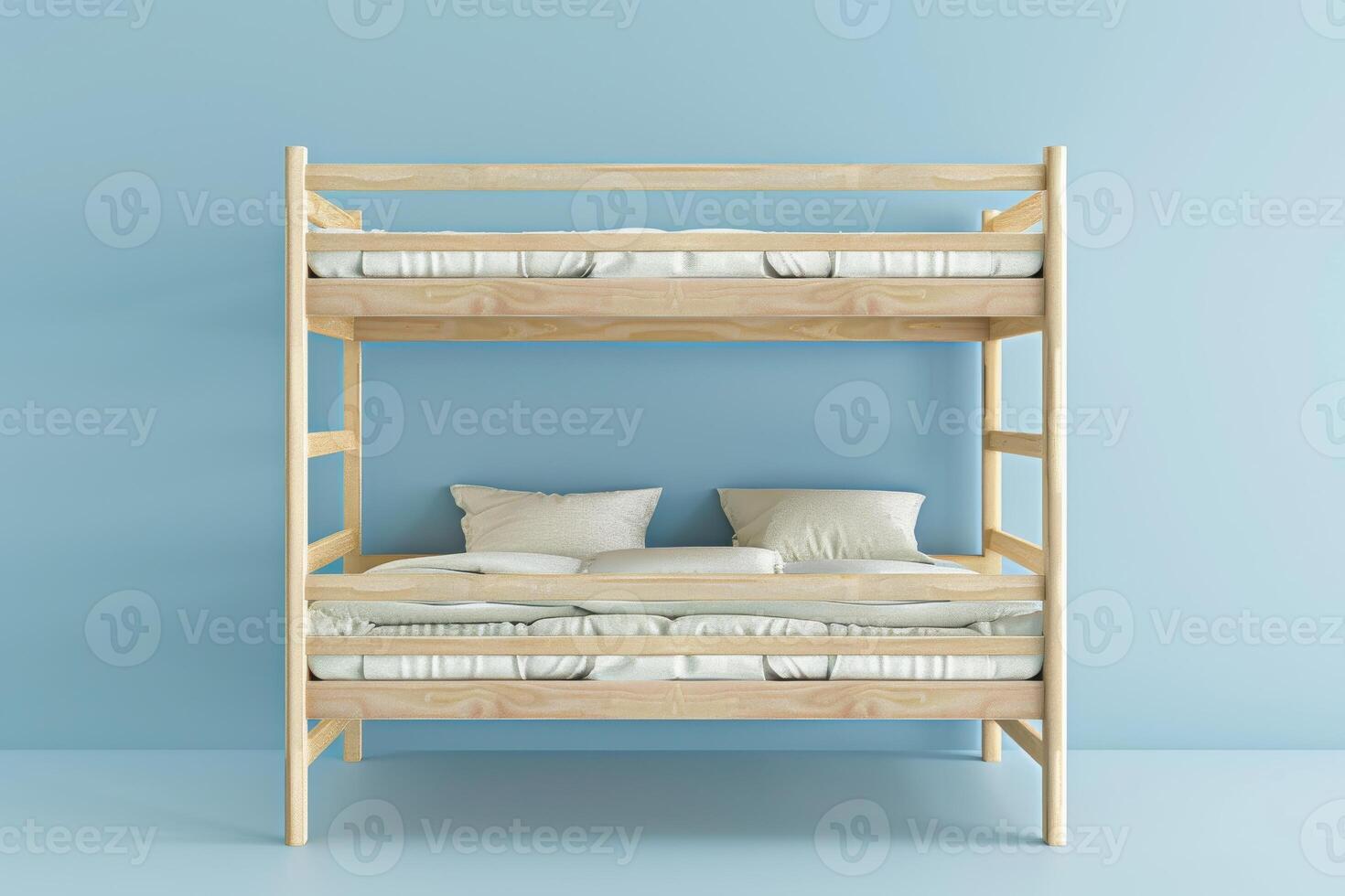 Cozy wooden bunk bed in a serene blue room with soft pillows and layers of bedding during daylight photo