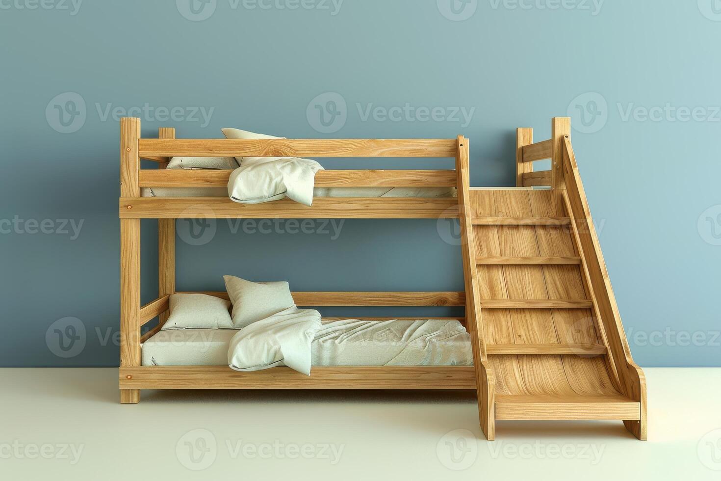 Cozy wooden bunk bed with a slide against a soft blue wall in a children's bedroom photo