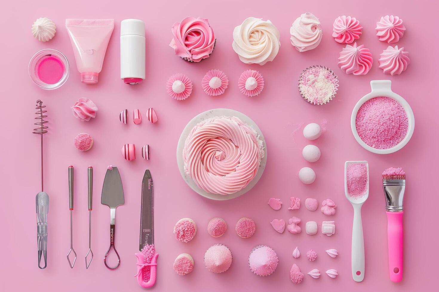 A delightful array of pink baking supplies and treats laid out artistically on a pastel backdrop photo