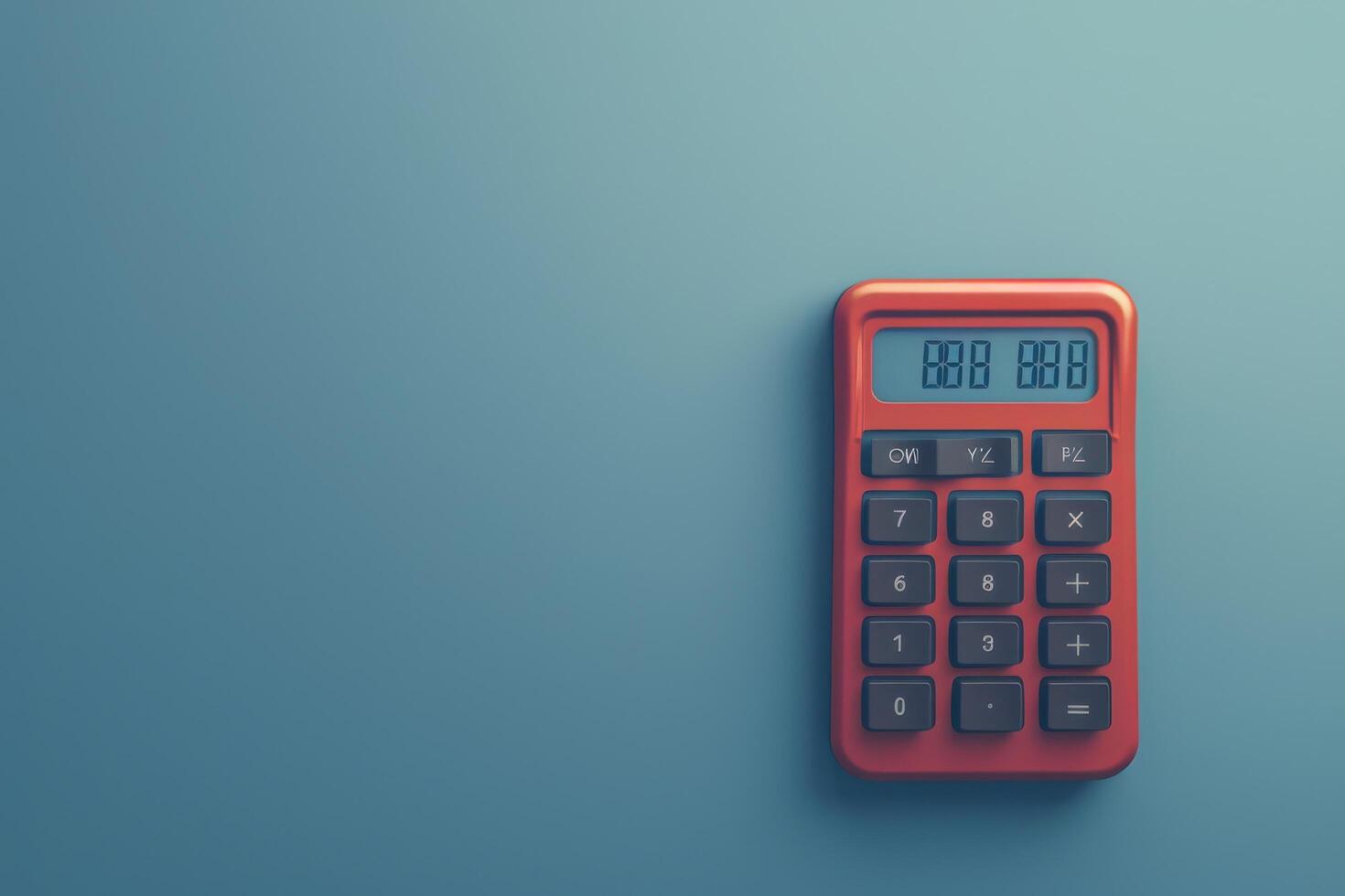 A vibrant red calculator resting on a smooth blue table surface, displaying an intriguing digital readout, ideal for math enthusiasts and students alike photo