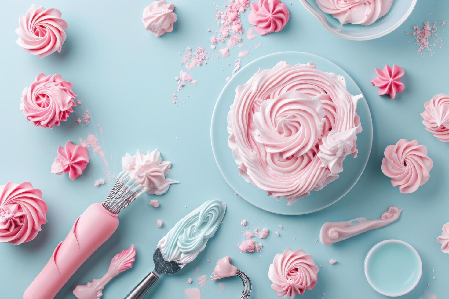 Delightful pink frosting swirls and baking tools arranged artfully on a pastel blue surface in a cozy kitchen setting photo