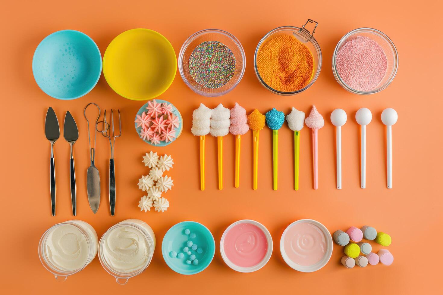 Colorful sprinkles and frosting decorations laid out on a vibrant orange surface for a festive baking project photo