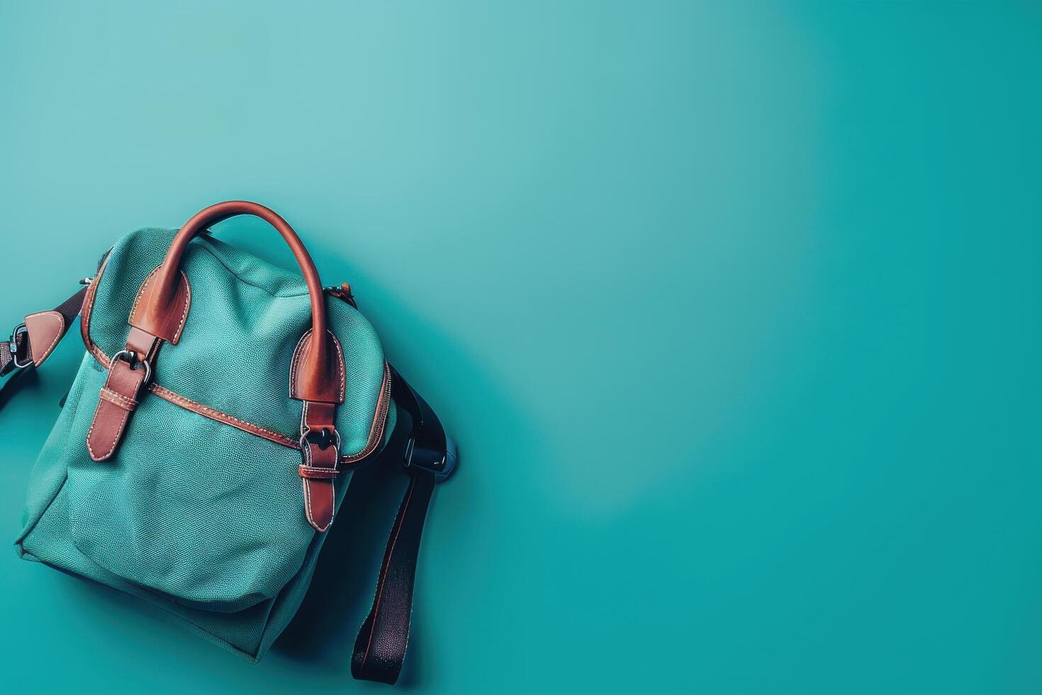 A stylish backpack rests on a vibrant turquoise surface, inviting exploration and adventure in a modern urban setting photo
