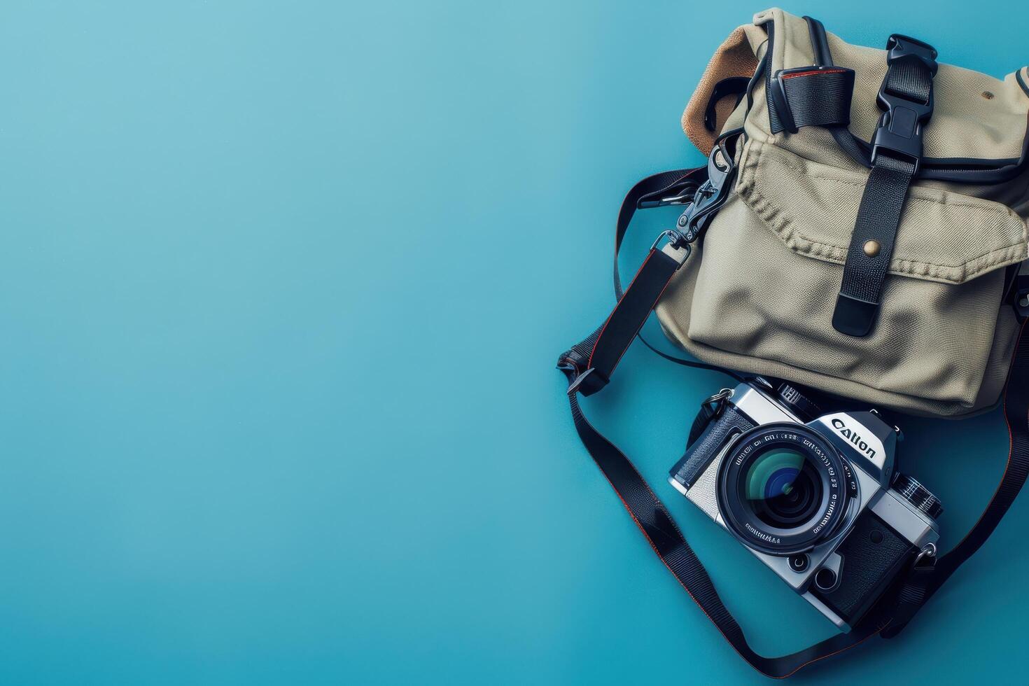 A vintage camera resting on a teal surface with a stylish canvas bag, ready for an adventure into the world of photography photo