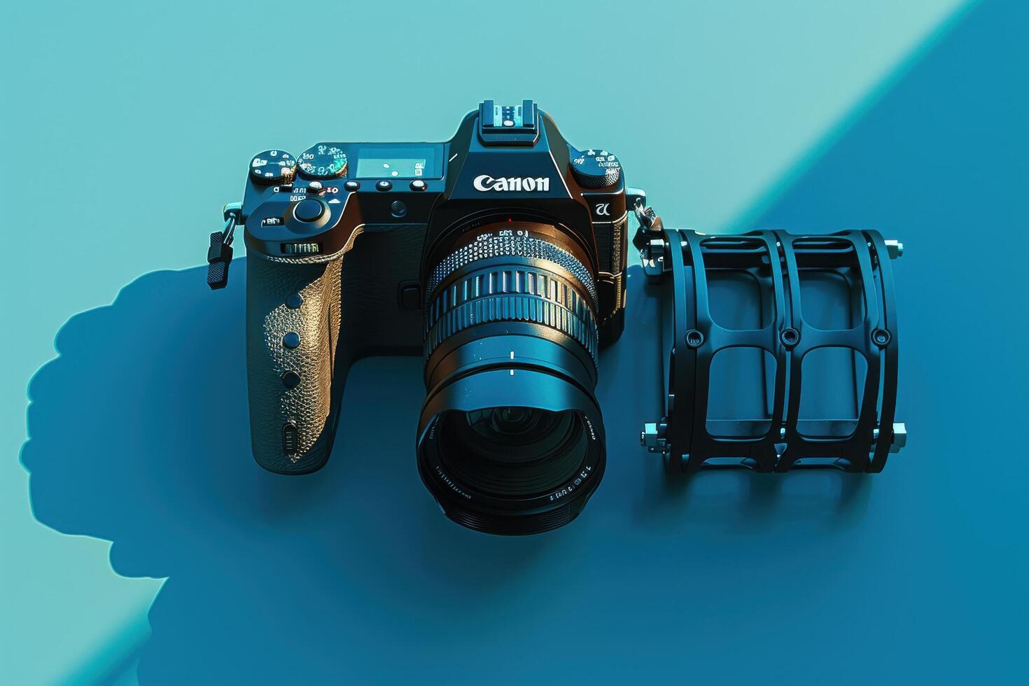 A sleek camera rests on a vibrant blue surface alongside a sturdy lens mount under soft, diffused light in a creative workspace photo