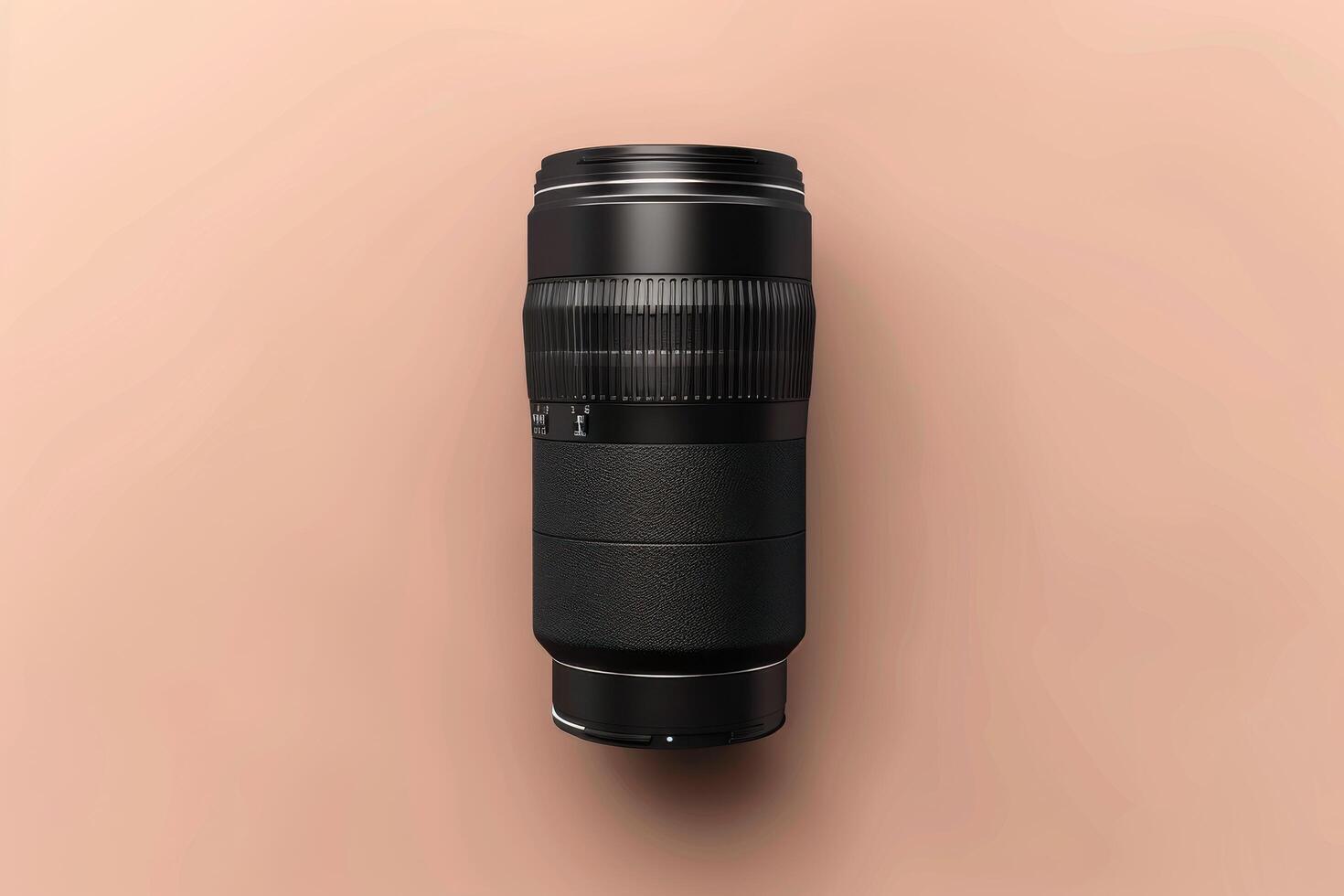 A sleek camera lens positioned on a soft pink surface, showcasing its intricate design and texture during a studio shoot photo