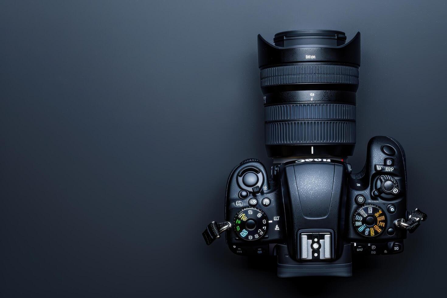 A sleek camera lays on a dark surface with a zoom lens, ready to capture stunning moments of life at any time photo