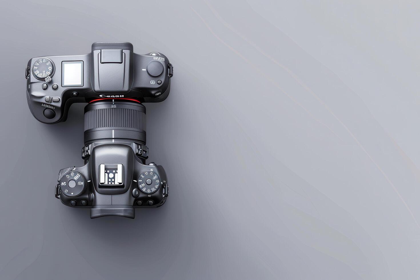 Artistic arrangement of two cameras on a sleek gray background, showcasing their intricate designs and features photo
