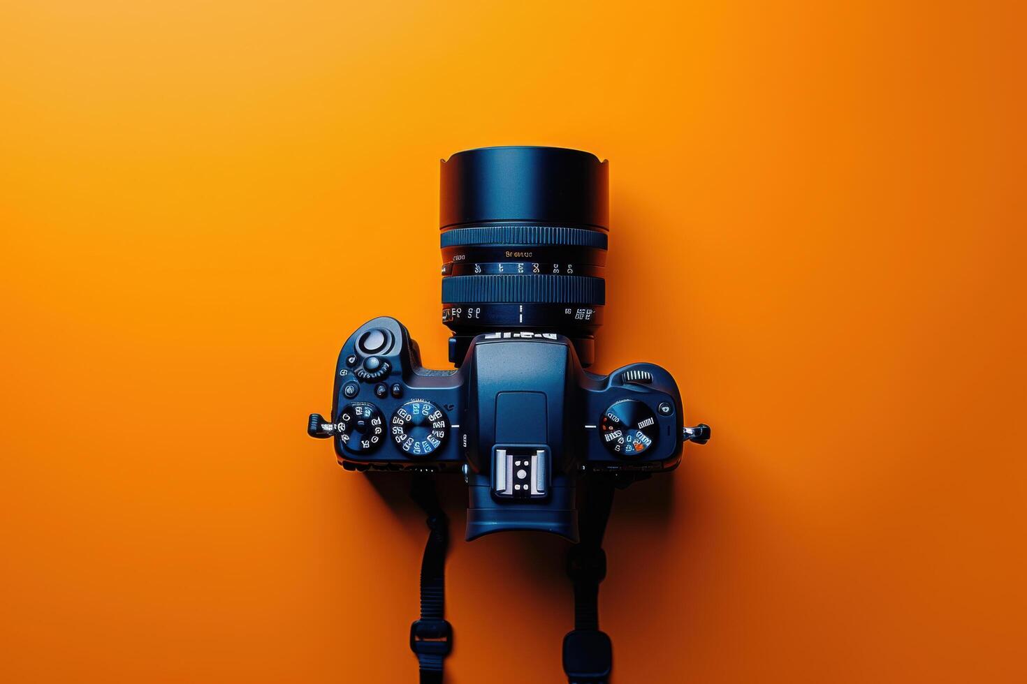 A sleek DSLR camera resting against a vibrant orange backdrop, showcasing its detailed features and craftsmanship photo