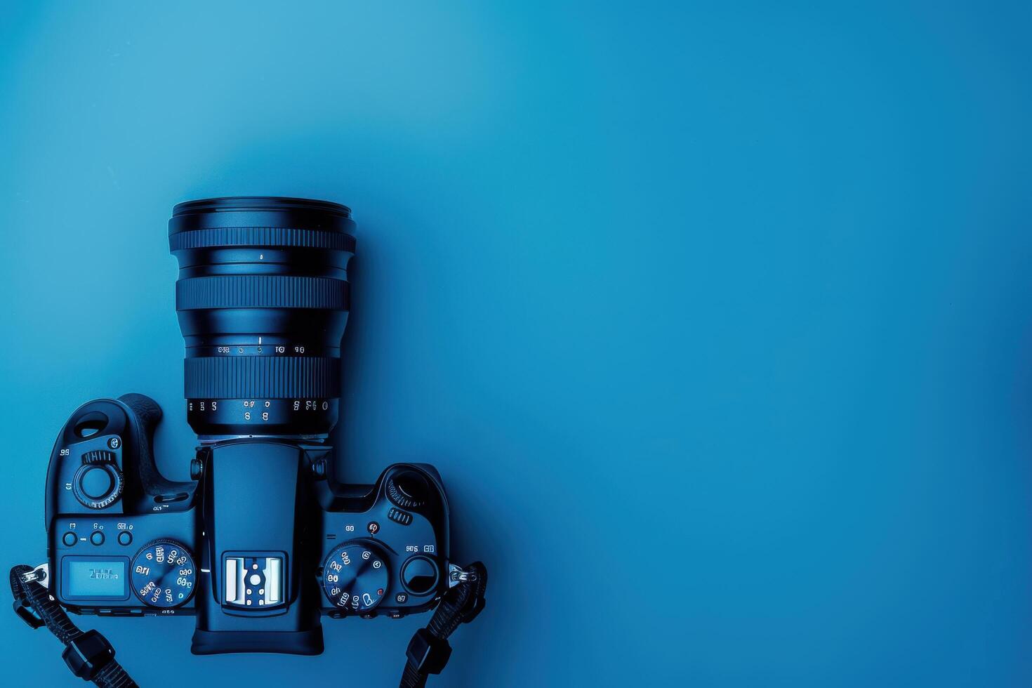 A creative composition of a DSLR camera resting on a vibrant blue background, showcasing the intricate design and sleek technology of modern photography photo